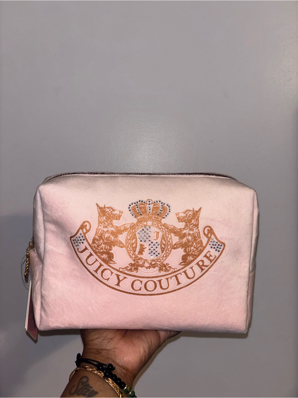 Juicy Couture Light Pink Velvet Logo Makeup Bag With Gold Crest
